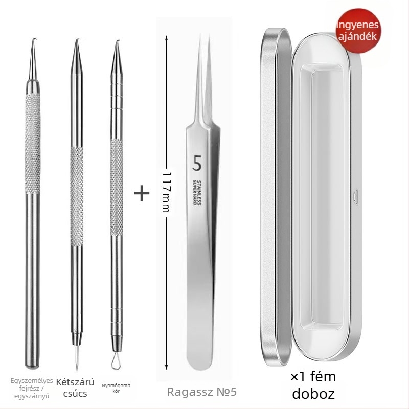 Ívelt horogú akne tű – rozsdamentes acél, kivonóeszköz fekete pöttyök eltávolításához