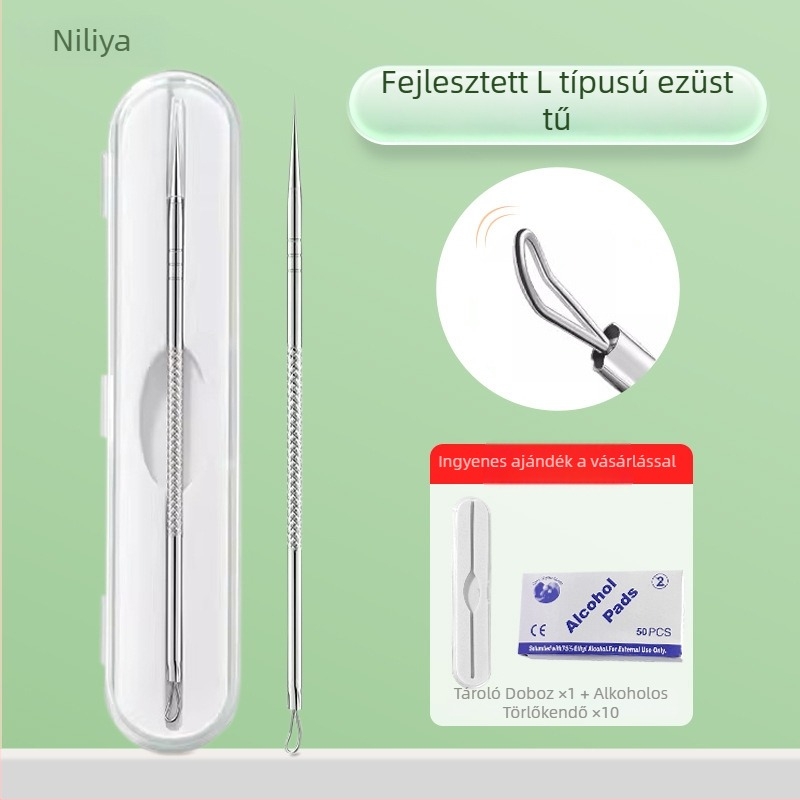 Professzionális pattanás tűkészlet ultraéles vékony tűkkel és mitesszer-kinyerővel, rozsdamentes acél – Nilia