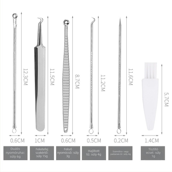 6 darab akne tűkészlet, rozsdamentes acélból – tartalmaz akne tűt, csipesszt és akne klipet