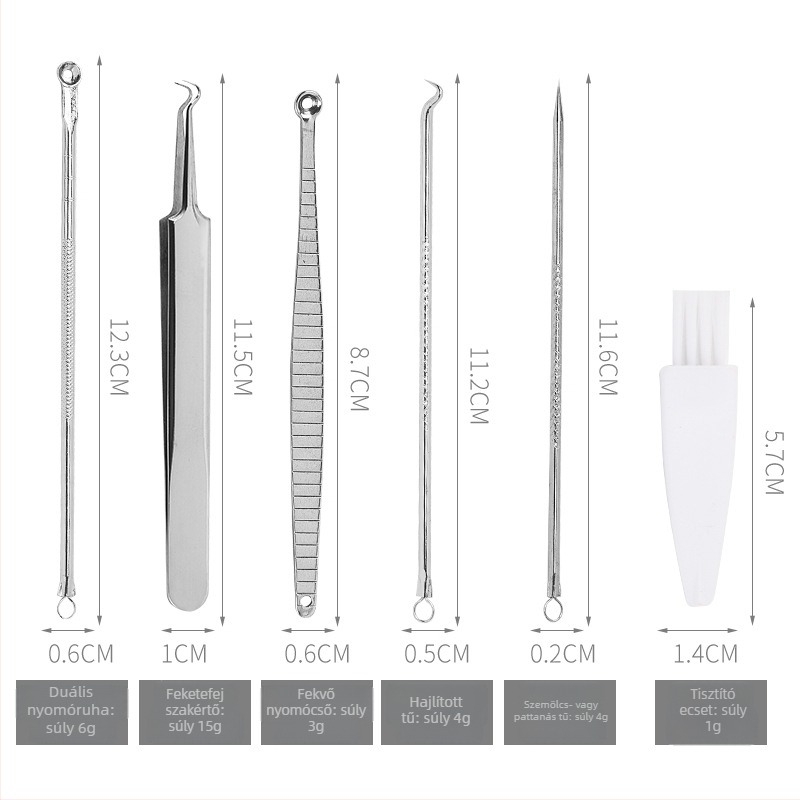 6 darab akne tűkészlet, rozsdamentes acélból – tartalmaz akne tűt, csipesszt és akne klipet