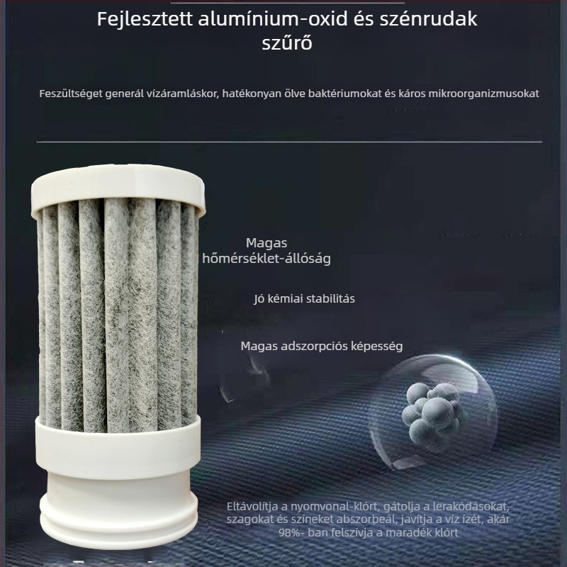 Vízszűrő elem csaphoz: szinterezett szén, PP pamut és ABS ház; 2 L/perc kapacitás; univerzális modell; előre szerelt palackos előfilterhez; nehézfémek eltávolítása.