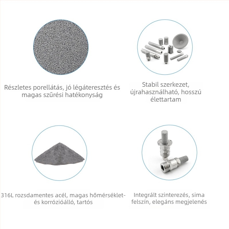 316L rozsdamentes acél, menetes szűrőelem, por-szinterezett, magas hőmérséklet, mikronos precizitás, 98%-os adszorpció, porozitás 35–45%