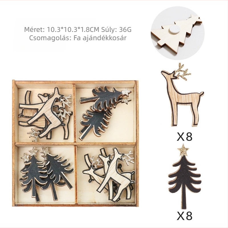 Fából készült karácsonyi ablak- és falidíszek lézeres kivágással és kézi rajzokkal, karácsonyfadísz