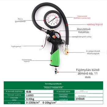 Topson guminyomásmérő integrált inflátorral, mechanikus guminyomásmérő, 0-230 PSI/BAR