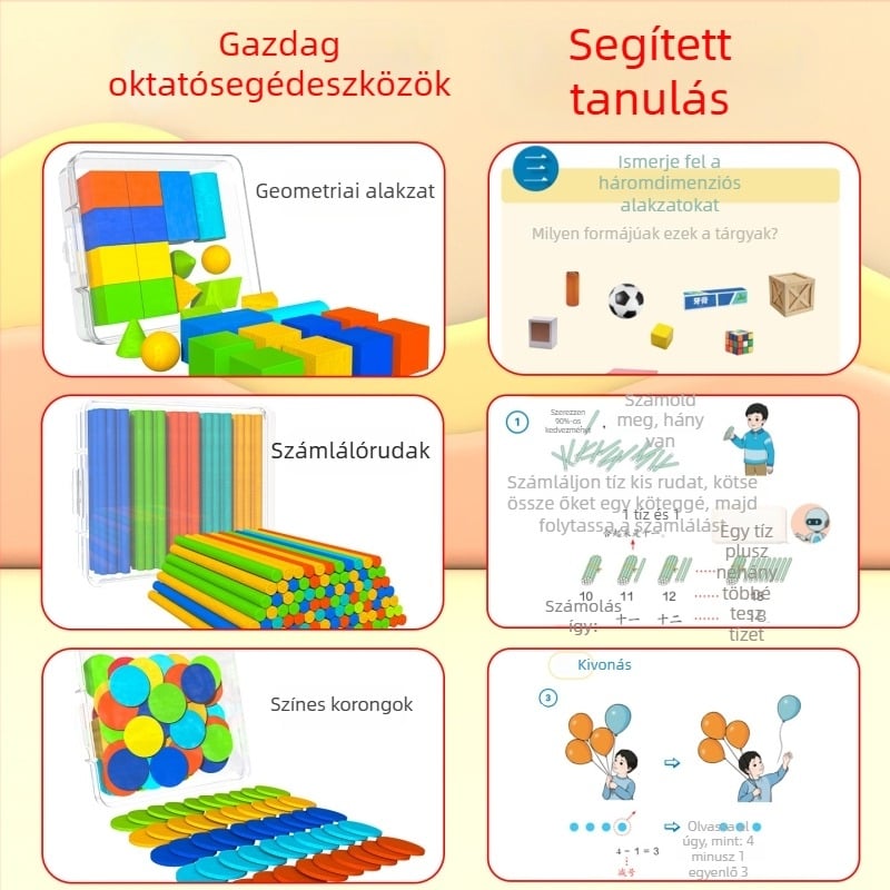 Faanyagból készült matematikai taneszközök 1–2. osztály számára – Tangram, számoló rudak, óramodel, tanuló doboz, kötetek 1–2 (Youcai márka)