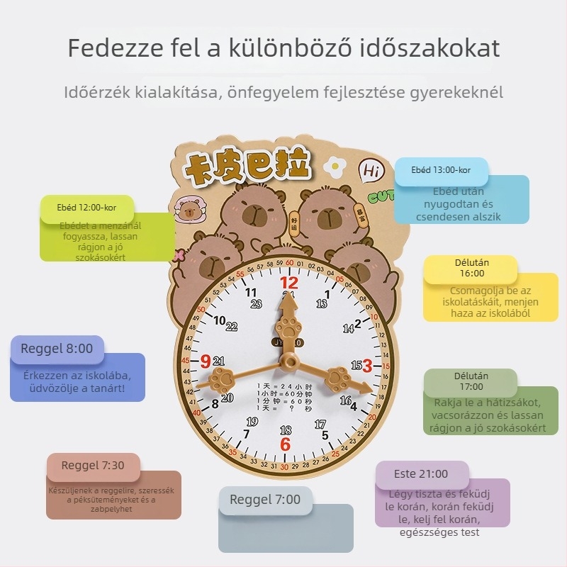 Tanulási óra modell a idő megértéséhez – karton/műanyag kivitelben, 7–14 éveseknek; csomagolás hálós zacskóban; elősegíti a szellemi fejlődést, a gyakorlati tanulást és a kölcsönhatásos játékot.