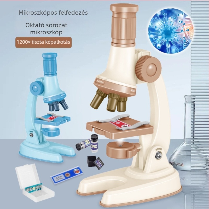 Gyerek mikroszkóp 1200x nagyítás – biológiai kísérletkészlet 7–14 éveseknek, műanyag, nem elektromos, DIY-barát