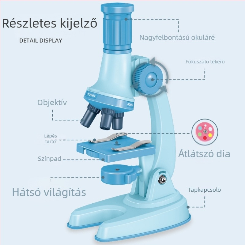 Gyerek mikroszkóp 1200x nagyítás – biológiai kísérletkészlet 7–14 éveseknek, műanyag, nem elektromos, DIY-barát