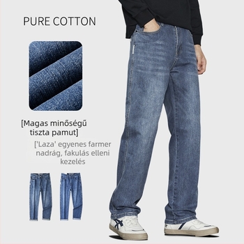 Pamut denim farmer, lazán szabott egyenes fazon, középmagas derék, cipzáras záródás, több zseb, őszi viselet