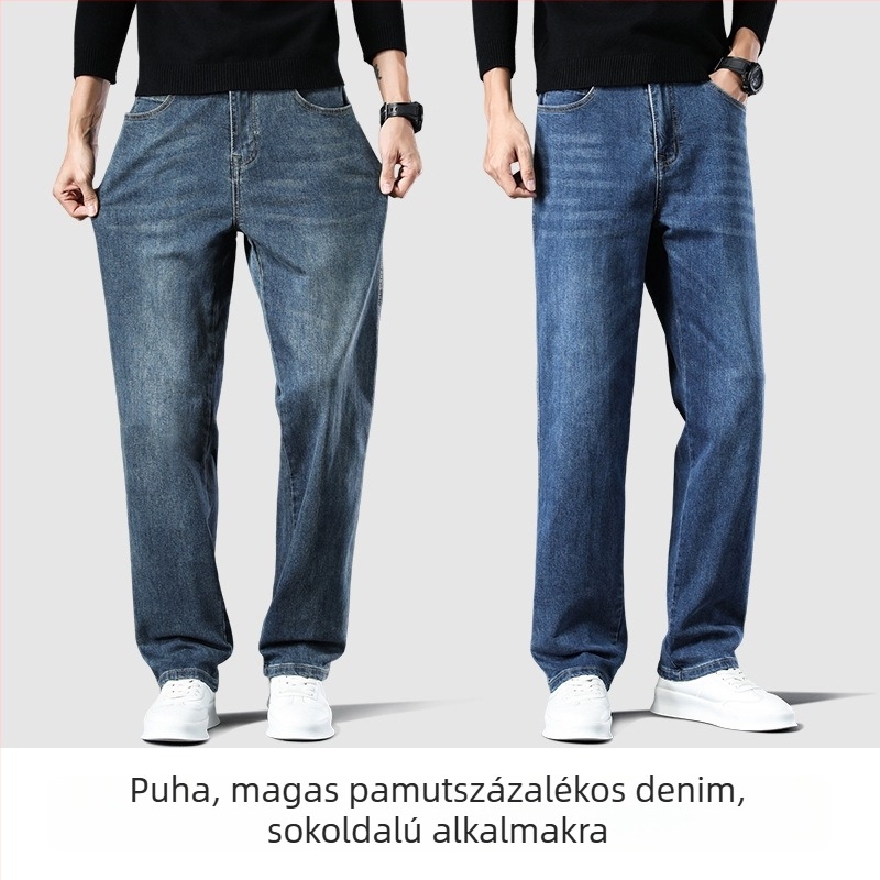 Pamut denim farmer, lazán szabott egyenes fazon, középmagas derék, cipzáras záródás, több zseb, őszi viselet