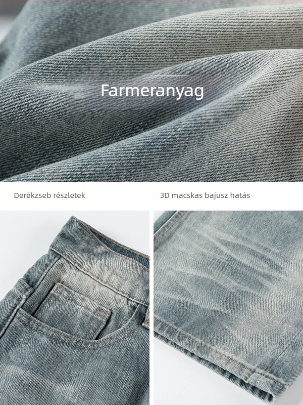 Han Lu farmernadrág - laza szabású, egyenes szárú, vintage mosott, középmagas derekú, gombos záródás