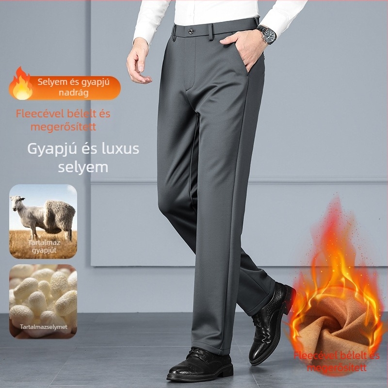 Férfi téli egyenes szabású nadrág gyapjú-selyem keverékből, fleece béléssel, elasztikus, üzleti–casual stílus
