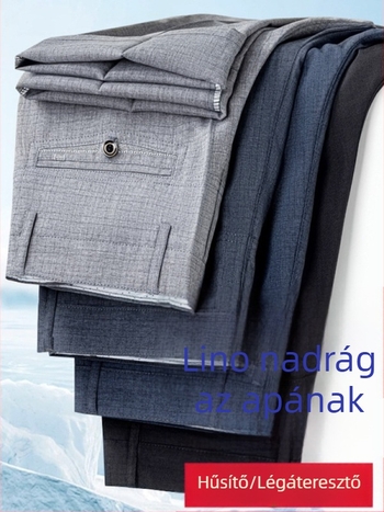 Nyári férfi nadrág len és Ice Silk anyagból, laza szabású, egyenes szárú, középkorú és idősebb férfiak számára