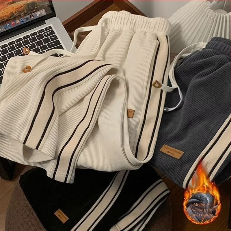 Férfi Corduroy sportos-casual nadrág, egyenes szabás, középmagasságú derék, csíkos mintázat, zsinóros zárás