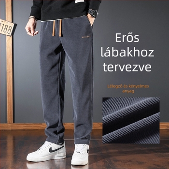 Férfi sportos casual nadrág, japán retro stílus, egyenes szabás, középmagas derék, kötőzsinóros zárás, fleece bélés, poliészter