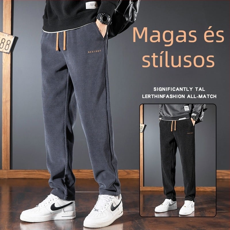 Férfi sportos casual nadrág, japán retro stílus, egyenes szabás, középmagas derék, kötőzsinóros zárás, fleece bélés, poliészter