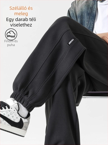 Férfi szélálló téli polár béléses nadrág, laza jogger szabás, derék zsinóros zárás