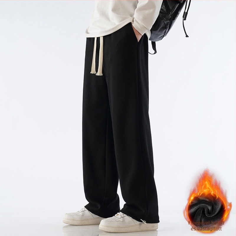 Férfi pamut sportnadrág fleece-béléses, laza szabású egyenes vonal, középmagas derekú övvel, mandzsettás zsinóros véggel, mindennapi sportnadrág, 65% pamut 35% poliészter