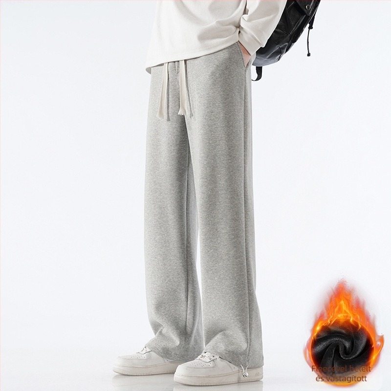 Férfi pamut sportnadrág fleece-béléses, laza szabású egyenes vonal, középmagas derekú övvel, mandzsettás zsinóros véggel, mindennapi sportnadrág, 65% pamut 35% poliészter