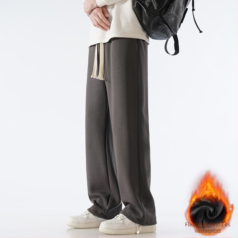 Férfi pamut sportnadrág fleece-béléses, laza szabású egyenes vonal, középmagas derekú övvel, mandzsettás zsinóros véggel, mindennapi sportnadrág, 65% pamut 35% poliészter