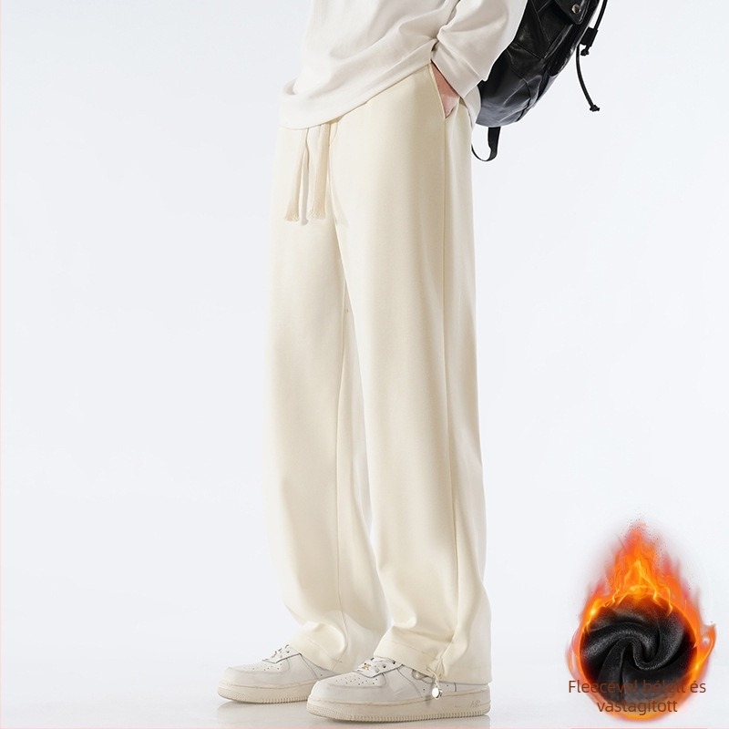 Férfi pamut sportnadrág fleece-béléses, laza szabású egyenes vonal, középmagas derekú övvel, mandzsettás zsinóros véggel, mindennapi sportnadrág, 65% pamut 35% poliészter