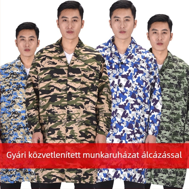 Férfi munkaruha kabát kamuflázzal, antifouling és dekonaminációs funkcióval, külső poliészter anyag és vegyi rostok keveréke, négy évszakos viselet gyárak és raktárak számára