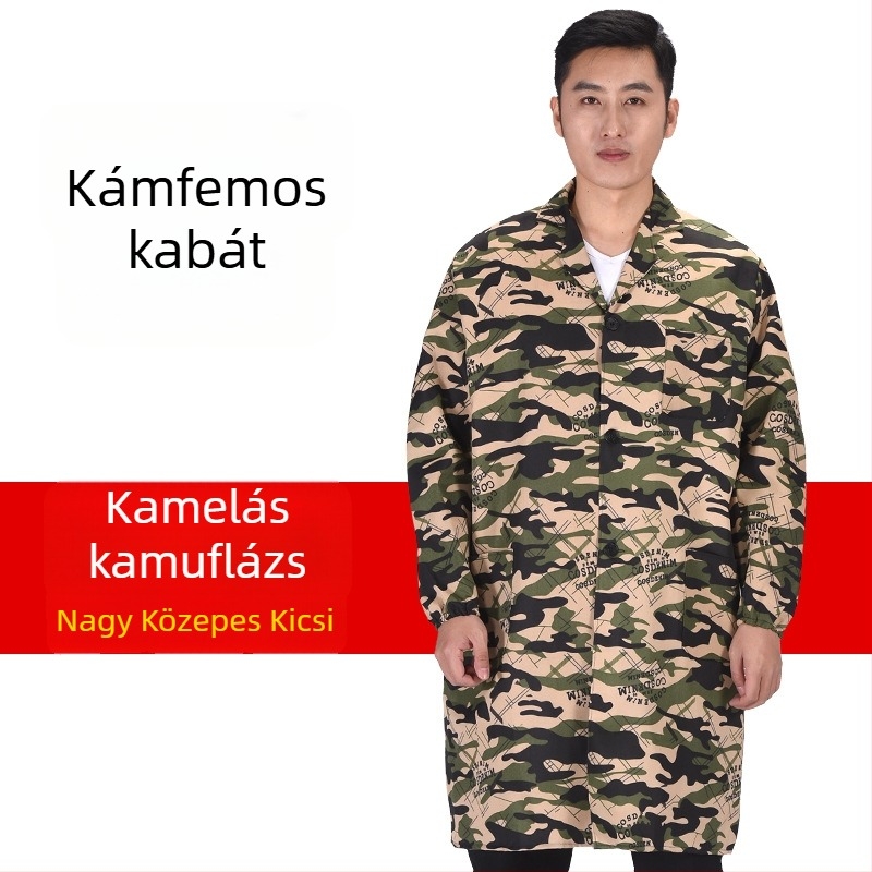 Férfi munkaruha kabát kamuflázzal, antifouling és dekonaminációs funkcióval, külső poliészter anyag és vegyi rostok keveréke, négy évszakos viselet gyárak és raktárak számára