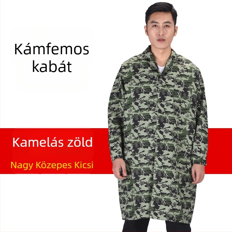 Férfi munkaruha kabát kamuflázzal, antifouling és dekonaminációs funkcióval, külső poliészter anyag és vegyi rostok keveréke, négy évszakos viselet gyárak és raktárak számára