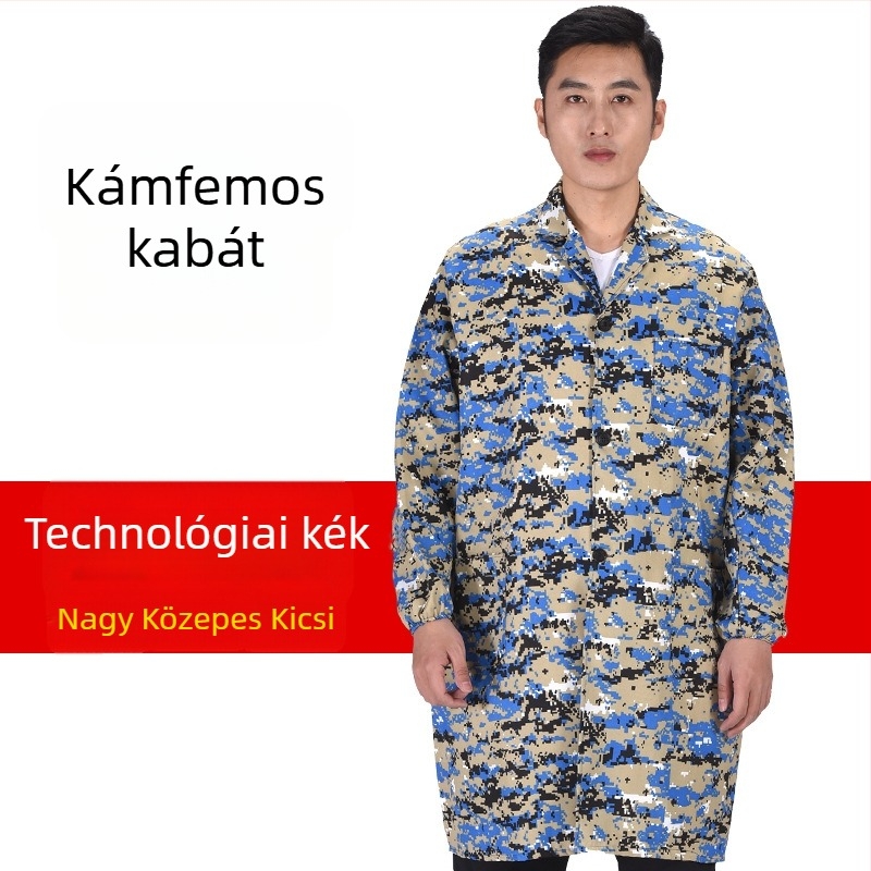 Férfi munkaruha kabát kamuflázzal, antifouling és dekonaminációs funkcióval, külső poliészter anyag és vegyi rostok keveréke, négy évszakos viselet gyárak és raktárak számára
