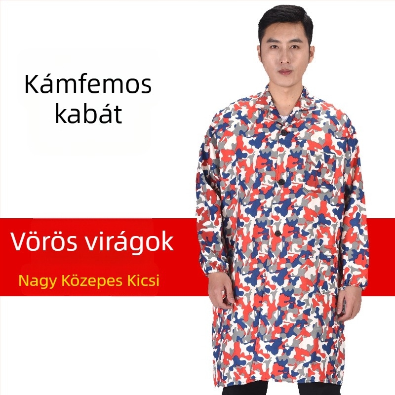 Férfi munkaruha kabát kamuflázzal, antifouling és dekonaminációs funkcióval, külső poliészter anyag és vegyi rostok keveréke, négy évszakos viselet gyárak és raktárak számára