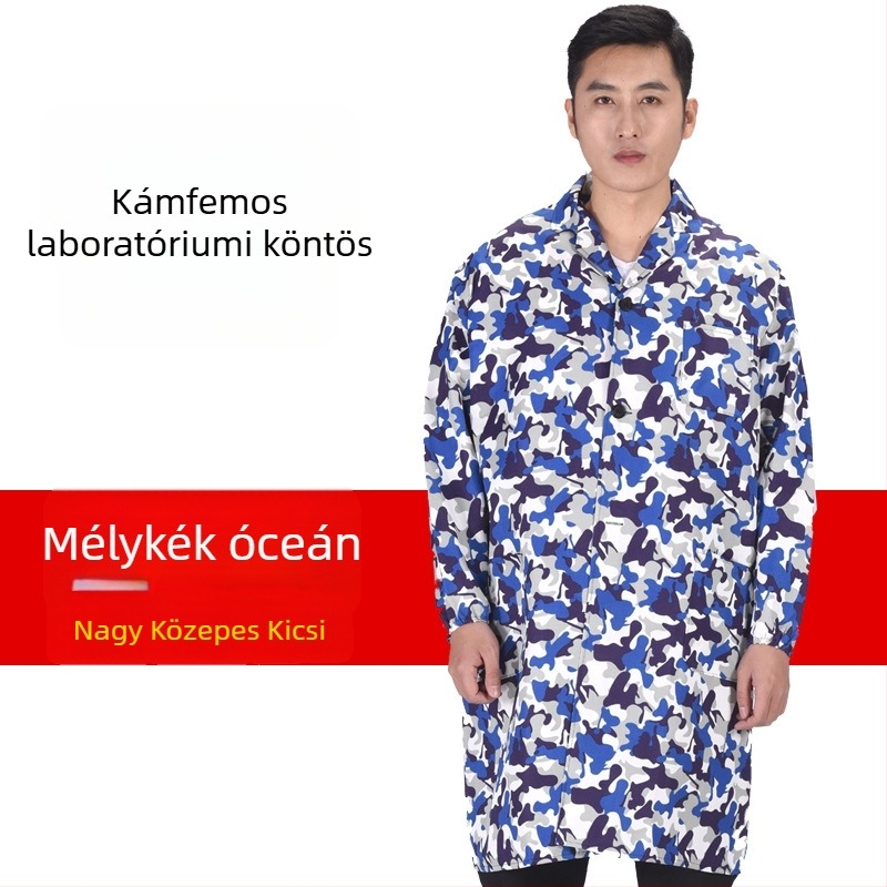Férfi munkaruha kabát kamuflázzal, antifouling és dekonaminációs funkcióval, külső poliészter anyag és vegyi rostok keveréke, négy évszakos viselet gyárak és raktárak számára