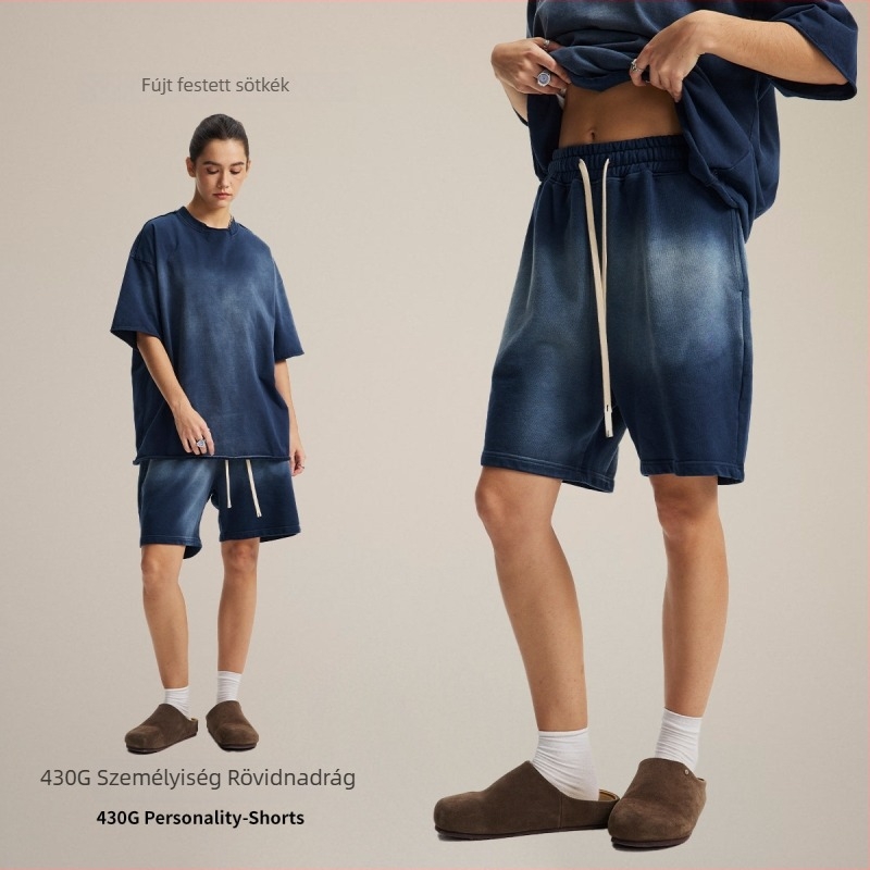 Férfi rövidnadrág, 100% pamutból, laza szabás, spray-dye mosott felülettel vintage hatásért, elasztikus derék (Tavasz 2025)