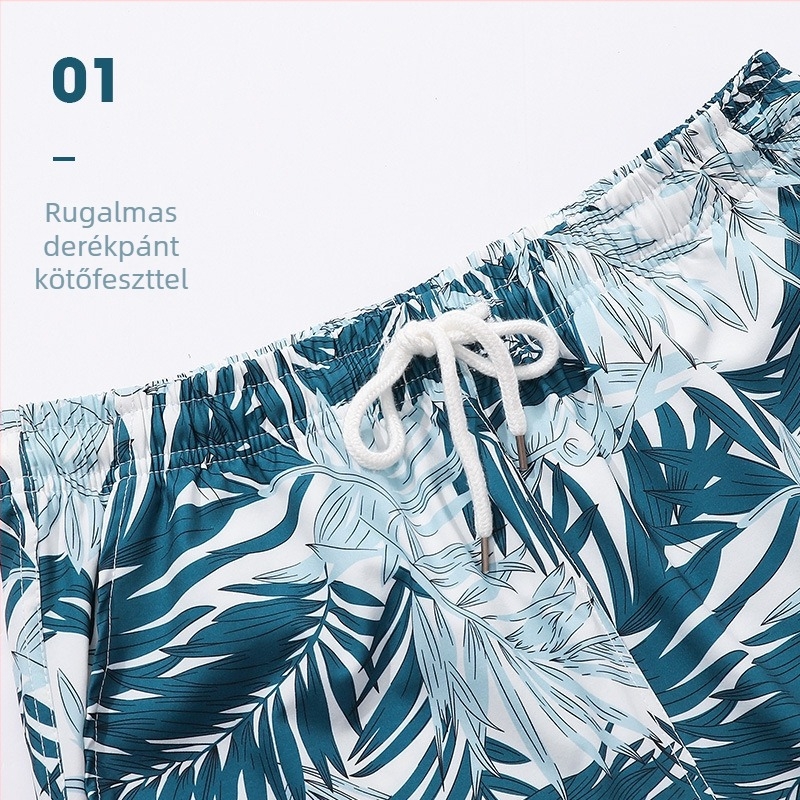 Férfi gyorsan száradó mintás strandnadrág, 100% poliészter, kötött anyag, nyári viselet