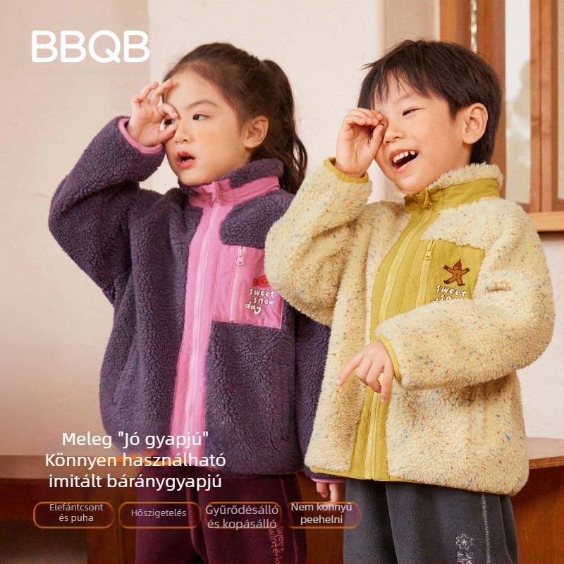 Gyerekek téli vastagított kabát álló gallérral, cipzárral, karikatúra mintával