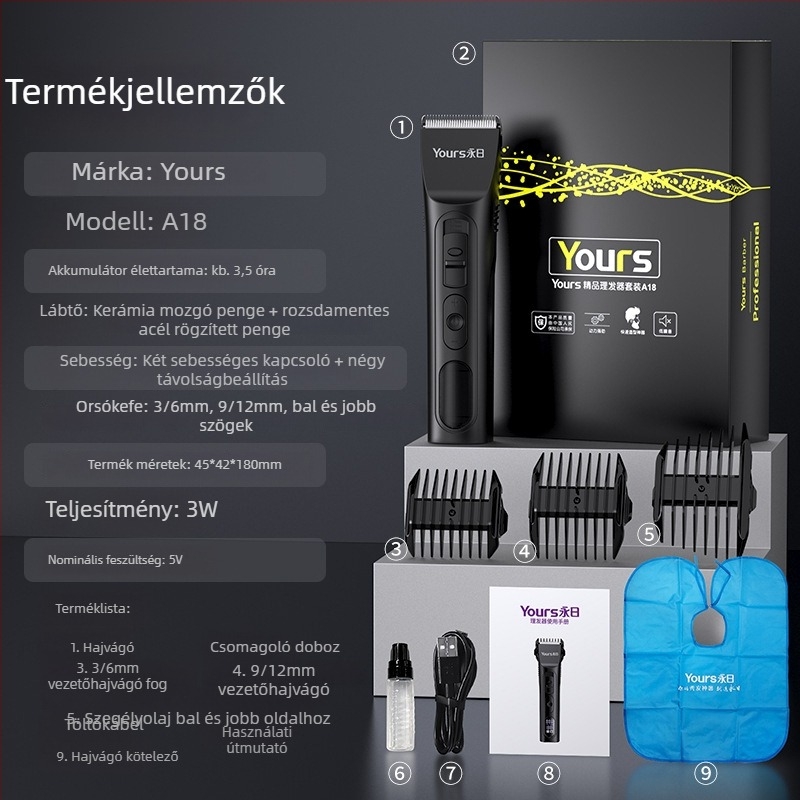 Yongri hajvágó - Újratölthető, kerámiapengével, beépített 1200-2000mAh akkumulátor, üzemidő 3–6 óra, zaj 46–70dB