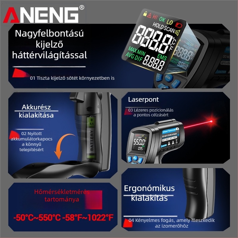 ANENG infravörös hőmérő ipari használatra — 0,5 s válaszidő, AA elem