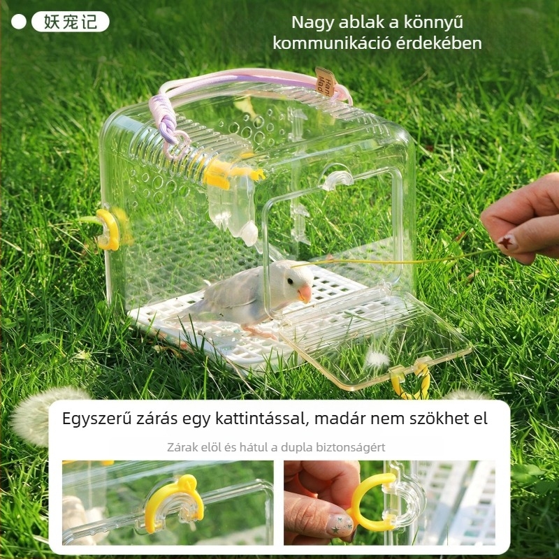 Kültéri papagáj ketrec, hordozható, ventilált és átlátszó, műanyag