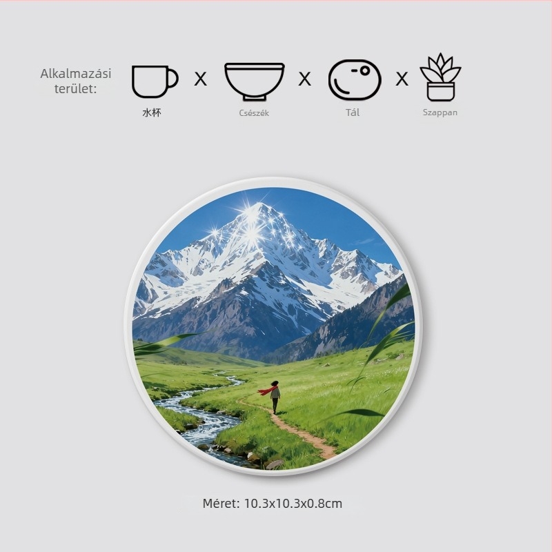 Diatomit poháralátét tájképpel, kör alakú, vízfelvételes, gyorsan száradó, egyedi logóval