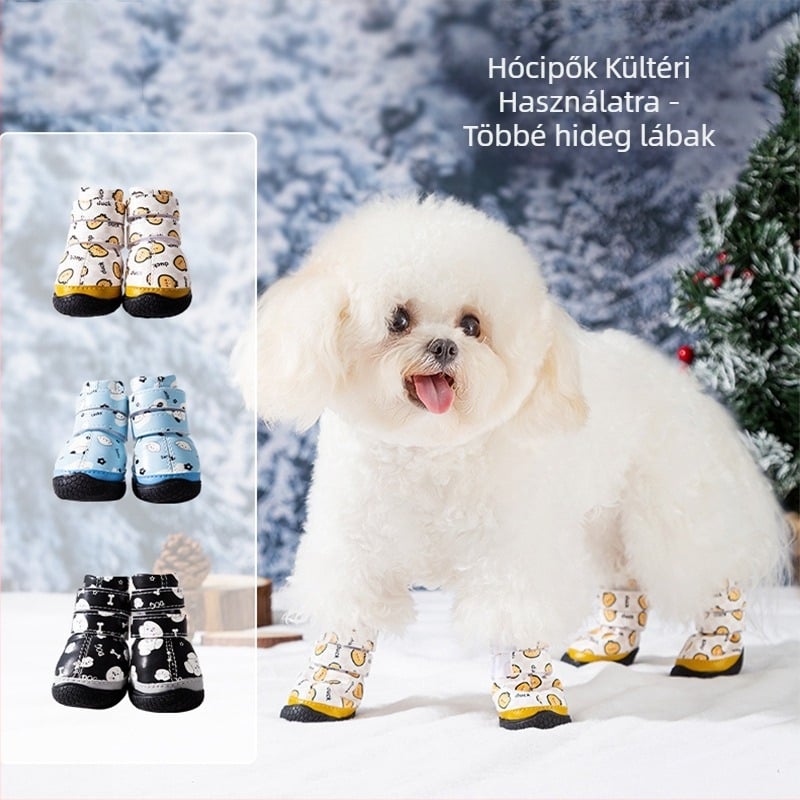Kutyacipő – fleece béléssel, vastagított, csúszásmentes, kopásálló; gumítható talp; vízálló és meleg; rajzfilm stílus; univerzális használat; Hippie Dog márka