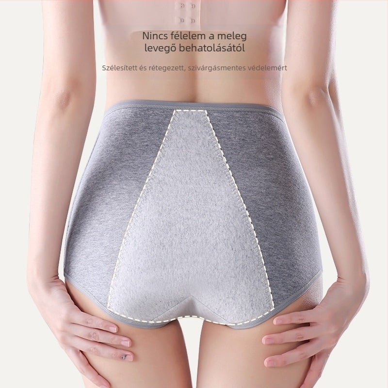 Női menstruációs alsónemű, magas derék, légáteresztő, antibakteriális, gyorsan száradó; fő anyag 92,6% pamut, ágyéktáj 100% pamut