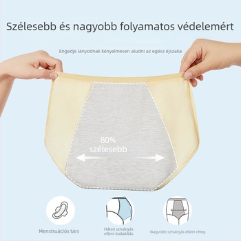 Tinédzser lányok menstruációs alsóneműje – Cartoon mintás, fő anyag 46% pamut, 5% spandex a gáttáji részen, középmagas derekú, 13–18 éveseknek
