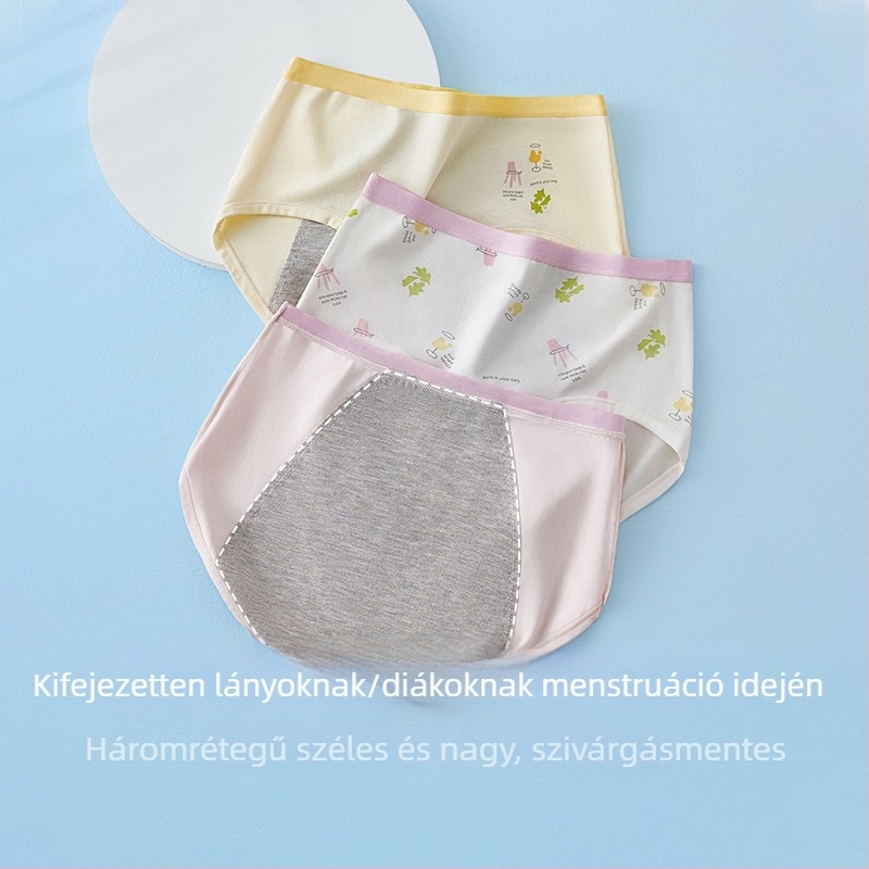 Tinédzser lányok menstruációs alsóneműje – Cartoon mintás, fő anyag 46% pamut, 5% spandex a gáttáji részen, középmagas derekú, 13–18 éveseknek