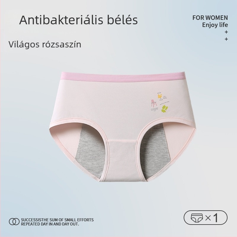 Tinédzser lányok menstruációs alsóneműje – Cartoon mintás, fő anyag 46% pamut, 5% spandex a gáttáji részen, középmagas derekú, 13–18 éveseknek