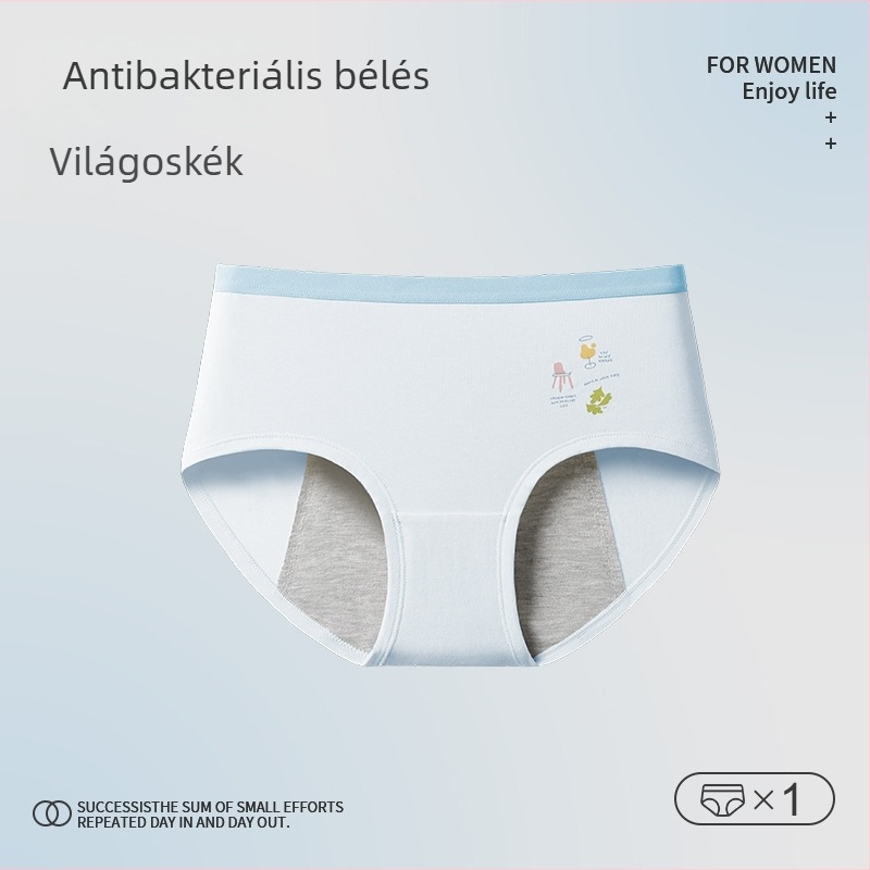Tinédzser lányok menstruációs alsóneműje – Cartoon mintás, fő anyag 46% pamut, 5% spandex a gáttáji részen, középmagas derekú, 13–18 éveseknek