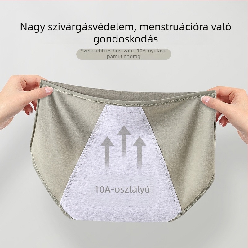 Női pamut menstruációs alsónemű, háromrétegű szivárgás elleni védelem, antibakteriális felület, középmagasságú derékrész; külső anyag 95% pamut, belső 100% pamut