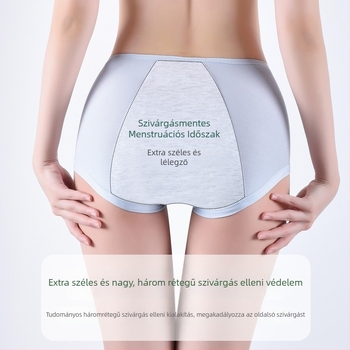 Női modal periodus bugyi szivárgásvédővel, középmagas derekú, lélegző, nedvességfelszívó, bőrbarát; ágyék része pamut 92%, fő anyag modal (regenerált cellulóz rost 90%)