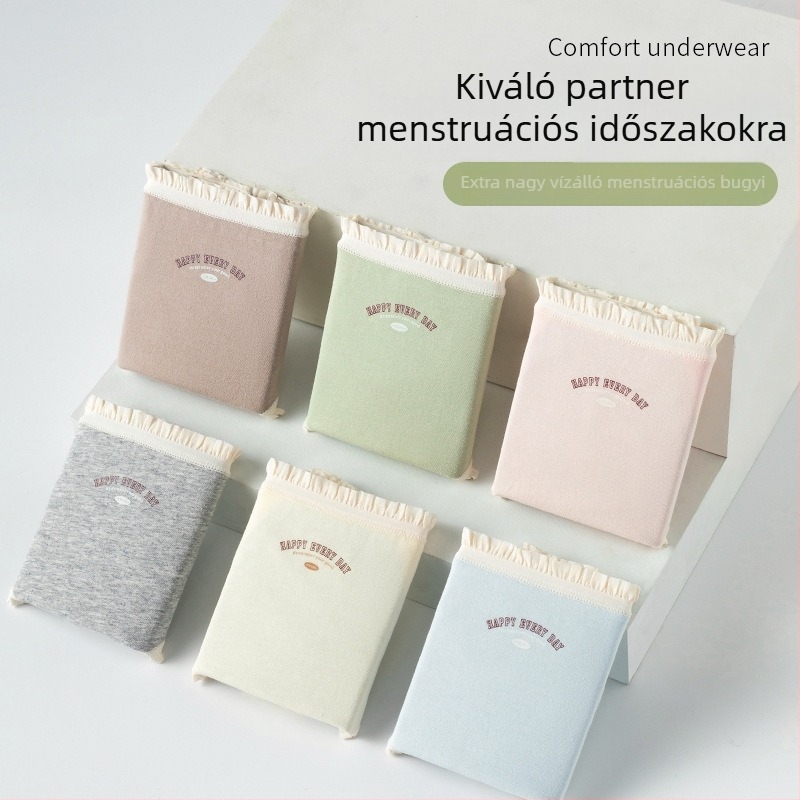 Női pamut menstruációs alsónemű oldalsó szivárgás elleni védelemmel, fő anyag 95% pamut, csípő rész 95% pamut, középmagas derekú
