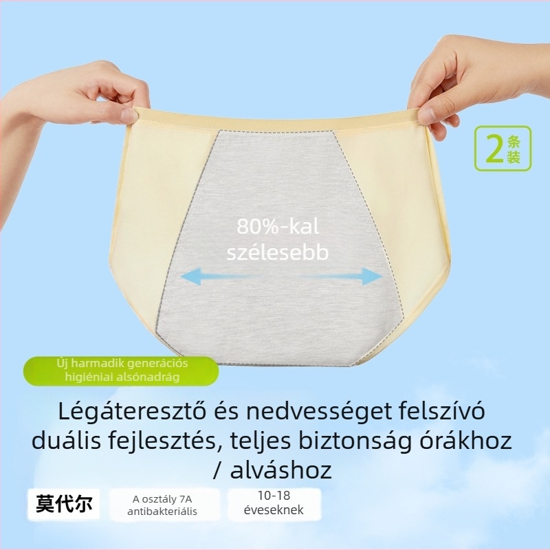 Modal anyagú menstruációs bugyi tiniknek, középső derekú, belső rész 72% regenerált cellulózrost, fiziológiai funkció, rajzfilmszerű mintázat