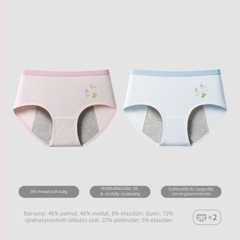 Modal anyagú menstruációs bugyi tiniknek, középső derekú, belső rész 72% regenerált cellulózrost, fiziológiai funkció, rajzfilmszerű mintázat