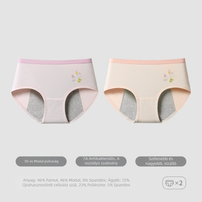 Modal anyagú menstruációs bugyi tiniknek, középső derekú, belső rész 72% regenerált cellulózrost, fiziológiai funkció, rajzfilmszerű mintázat